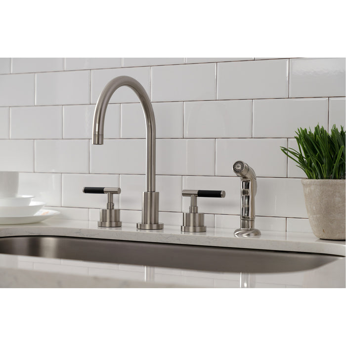 Kingston Sona KS8728CKL - Kaiser Double-Handle 4-Hole Widespread Kitchen Faucet with Plastic Sprayer, Brushed Nickel