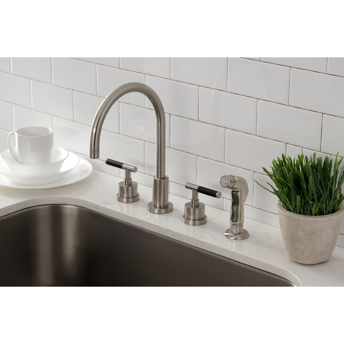 Kingston Sona KS8728CKL - Kaiser Double-Handle 4-Hole Widespread Kitchen Faucet with Plastic Sprayer, Brushed Nickel