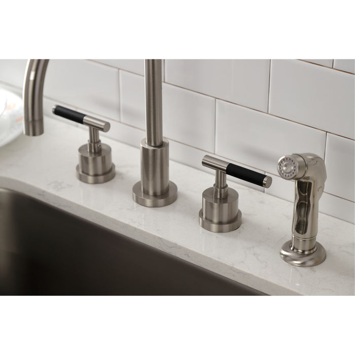 Kingston Sona KS8728CKL - Kaiser Double-Handle 4-Hole Widespread Kitchen Faucet with Plastic Sprayer, Brushed Nickel