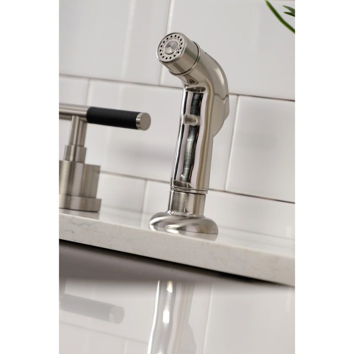 Kingston Sona KS8728CKL - Kaiser Double-Handle 4-Hole Widespread Kitchen Faucet with Plastic Sprayer, Brushed Nickel