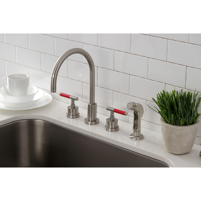 Kingston Sona KS8728CKL - Kaiser Double-Handle 4-Hole Widespread Kitchen Faucet with Plastic Sprayer, Brushed Nickel