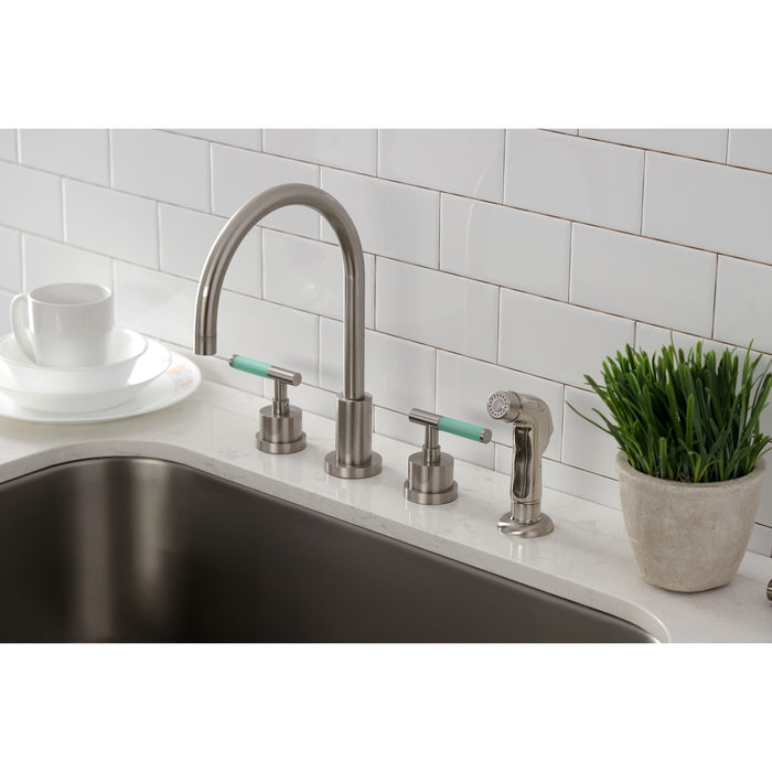 Kingston Sona KS8728CKL - Kaiser Double-Handle 4-Hole Widespread Kitchen Faucet with Plastic Sprayer, Brushed Nickel