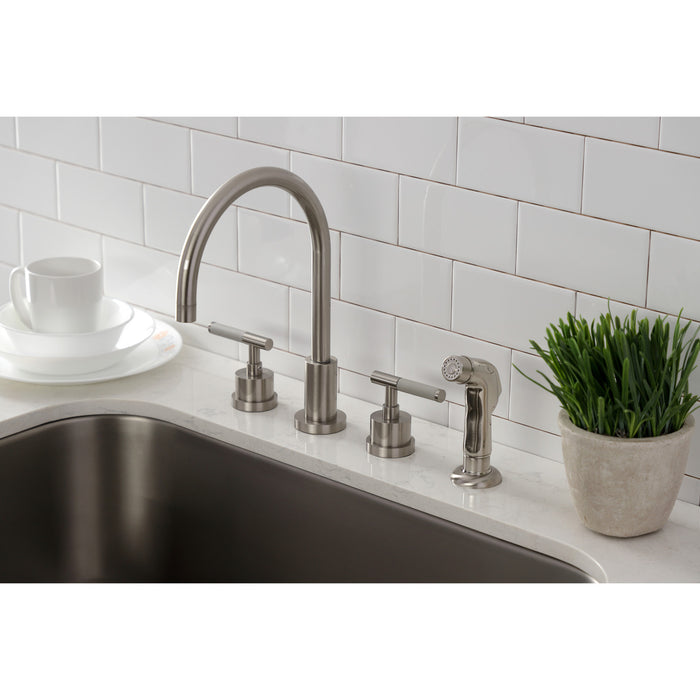 Kingston Sona KS8728CKL - Kaiser Double-Handle 4-Hole Widespread Kitchen Faucet with Plastic Sprayer, Brushed Nickel