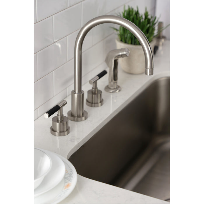 Kingston Sona KS8728CKL - Kaiser Double-Handle 4-Hole Widespread Kitchen Faucet with Plastic Sprayer, Brushed Nickel