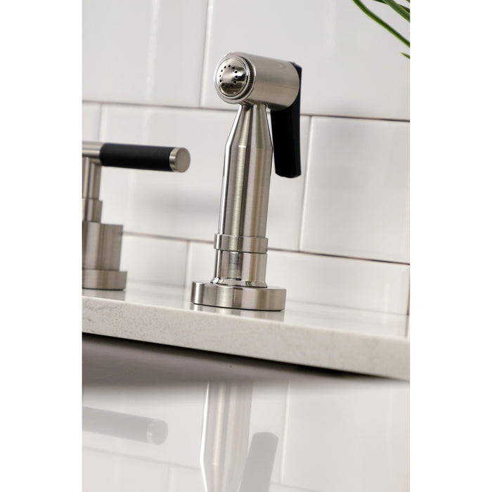Kaiser KS8728CKLBS Double-Handle 4-Hole Widespread Kitchen Faucet with Brass Sprayer, Brushed Nickel