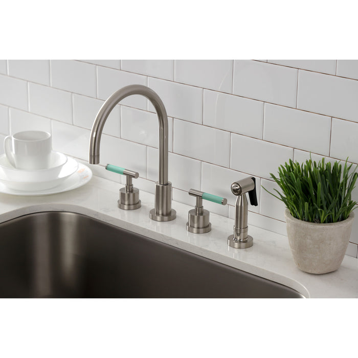 Kaiser KS8728CKLBS Double-Handle 4-Hole Widespread Kitchen Faucet with Brass Sprayer, Brushed Nickel