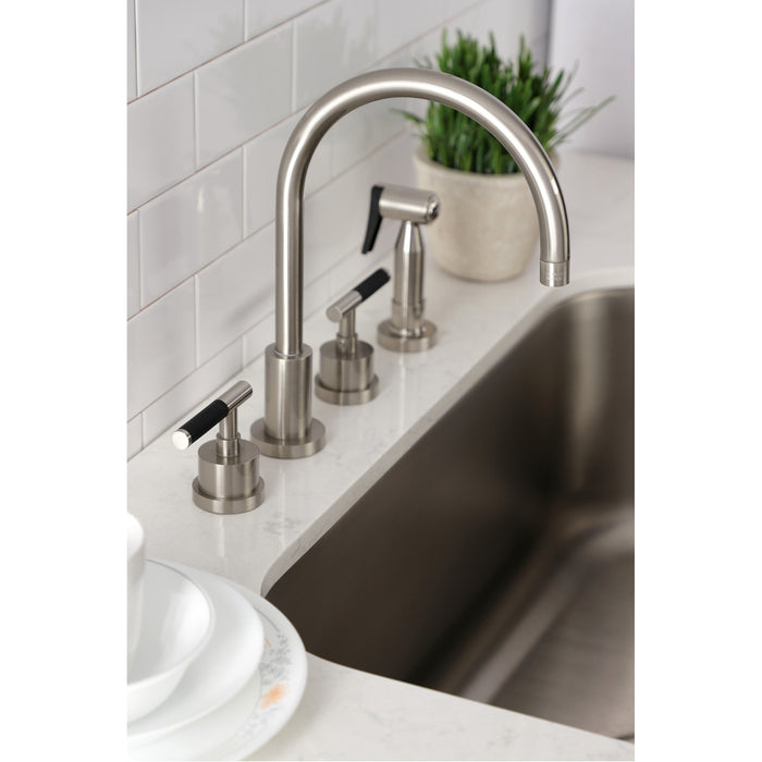 Kaiser KS8728CKLBS Double-Handle 4-Hole Widespread Kitchen Faucet with Brass Sprayer, Brushed Nickel