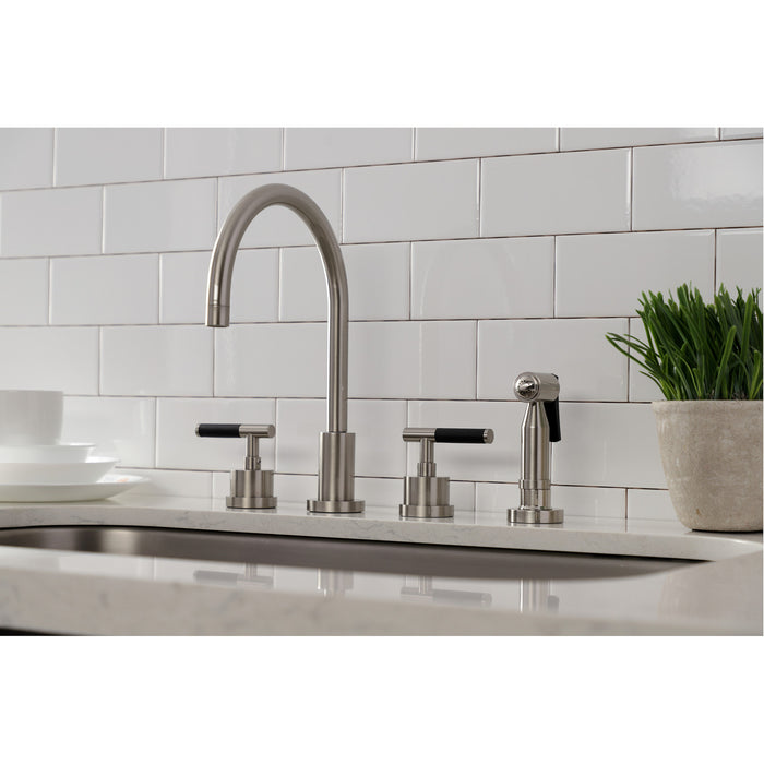 Kaiser KS8728CKLBS Double-Handle 4-Hole Widespread Kitchen Faucet with Brass Sprayer, Brushed Nickel