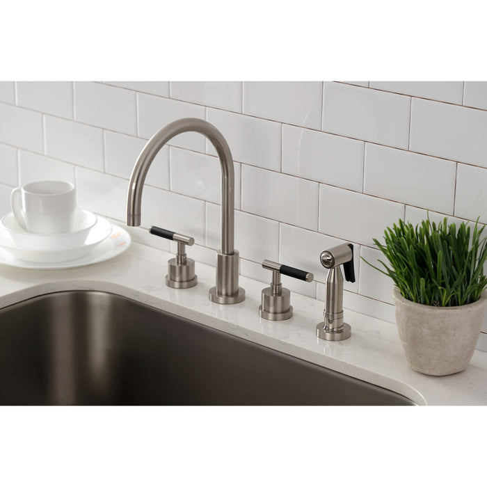 Kaiser KS8728CKLBS Double-Handle 4-Hole Widespread Kitchen Faucet with Brass Sprayer, Brushed Nickel