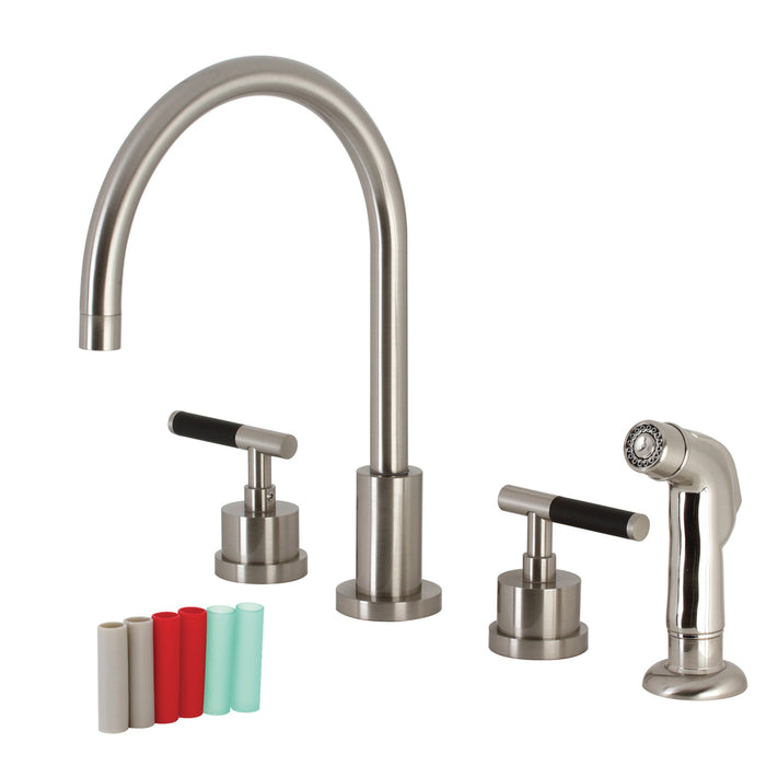 Kingston Sona KS8728CKL - Kaiser Double-Handle 4-Hole Widespread Kitchen Faucet with Plastic Sprayer, Brushed Nickel