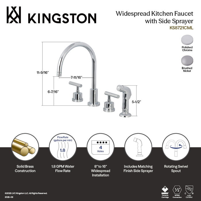 Kingston Sona KS8728CML - Manhattan Double-Handle 4-Hole Widespread Kitchen Faucet with Plastic Sprayer, Brushed Nickel