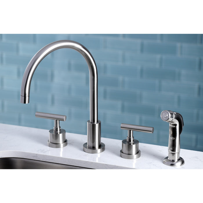 Kingston Sona KS8728CML - Manhattan Double-Handle 4-Hole Widespread Kitchen Faucet with Plastic Sprayer, Brushed Nickel