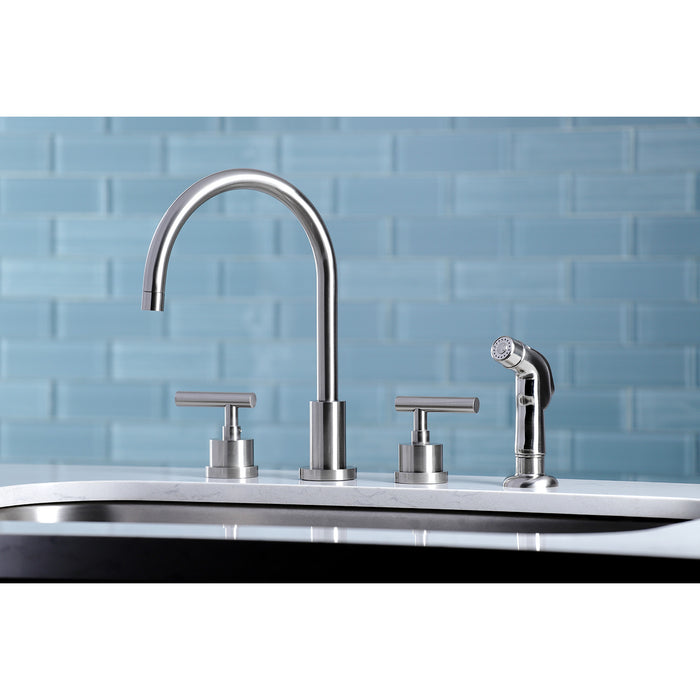 Kingston Sona KS8728CML - Manhattan Double-Handle 4-Hole Widespread Kitchen Faucet with Plastic Sprayer, Brushed Nickel