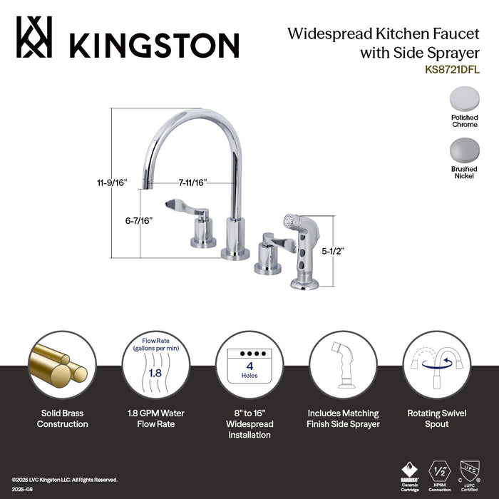 Kingston Sona KS8728DFLDouble-Handle 4-Hole Widespread Kitchen Faucet with Plastic Sprayer, Brushed Nickel