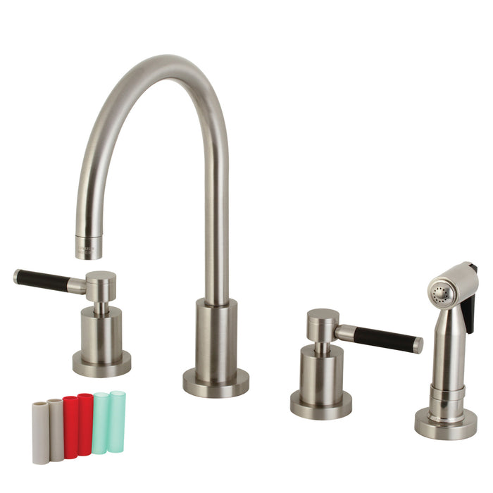 Kingston Sona KS8728DKLBS - Kaiser Double-Handle 4-Hole Widespread Kitchen Faucet with Brass Sprayer, Brushed Nickel