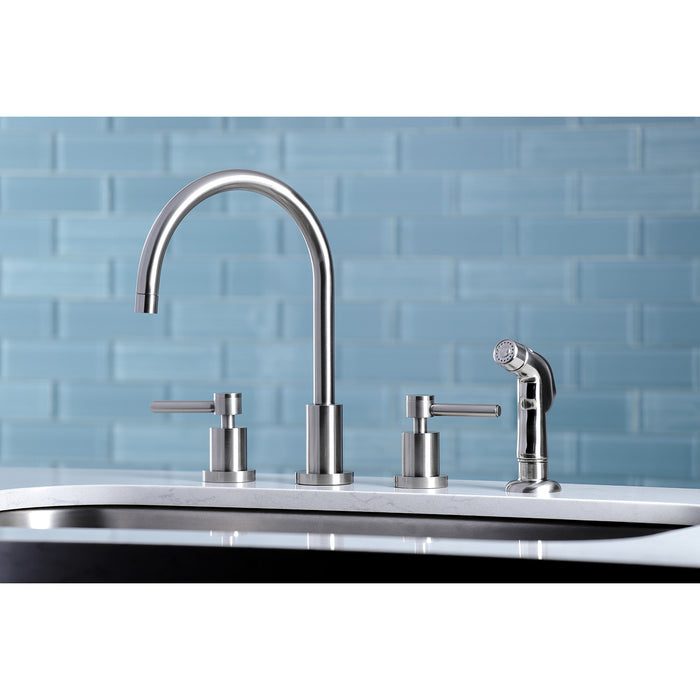 Kingston Sona KS8728DL - Concord Double-Handle 4-Hole Widespread Kitchen Faucet with Plastic Sprayer, Brushed Nickel