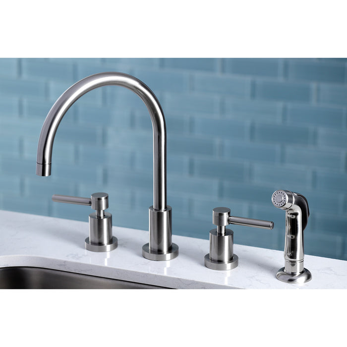 Kingston Sona KS8728DL - Concord Double-Handle 4-Hole Widespread Kitchen Faucet with Plastic Sprayer, Brushed Nickel