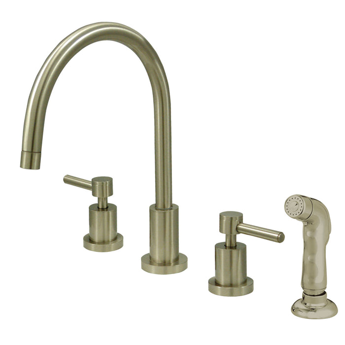 Kingston Sona KS8728DL - Concord Double-Handle 4-Hole Widespread Kitchen Faucet with Plastic Sprayer, Brushed Nickel