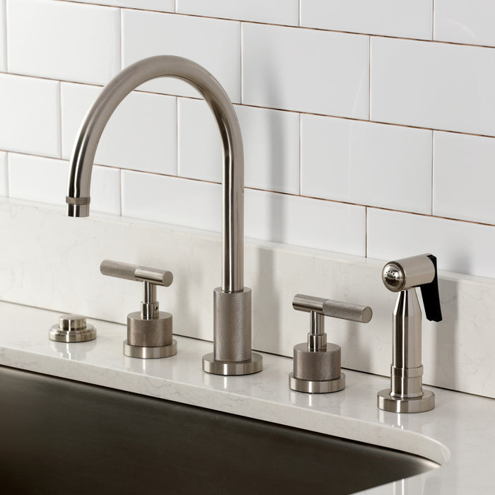 Kingston Sona KS8728KNLBS - Convergent Double-Handle 4-Hole Widespread Kitchen Faucet with Knurled Handle 4-Hole and Brass Sprayer, Brushed Nickel