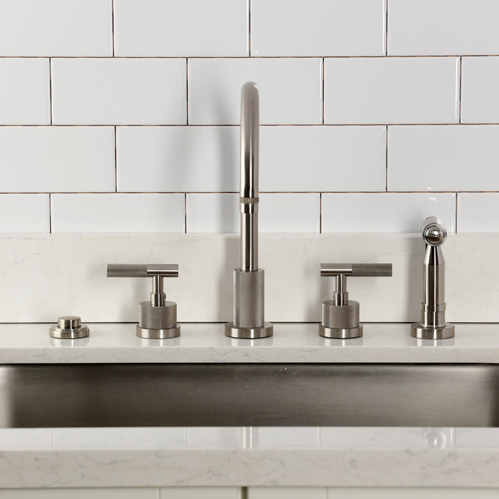 Kingston Sona KS8728KNLBS - Convergent Double-Handle 4-Hole Widespread Kitchen Faucet with Knurled Handle 4-Hole and Brass Sprayer, Brushed Nickel