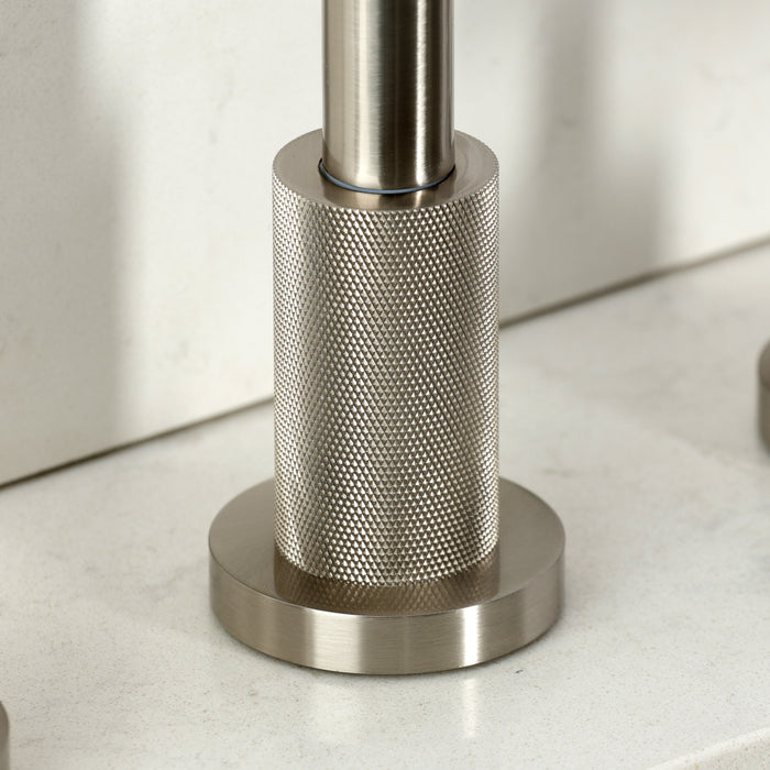 Kingston Sona KS8728KNLBS - Convergent Double-Handle 4-Hole Widespread Kitchen Faucet with Knurled Handle 4-Hole and Brass Sprayer, Brushed Nickel
