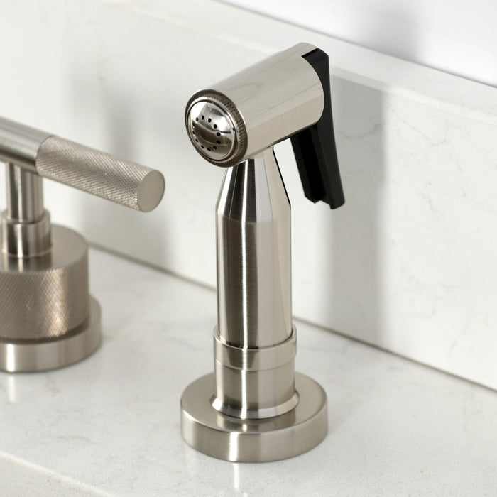 Kingston Sona KS8728KNLBS - Convergent Double-Handle 4-Hole Widespread Kitchen Faucet with Knurled Handle 4-Hole and Brass Sprayer, Brushed Nickel