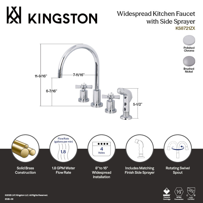 Kingston Tulare KS8728ZX - Millennium Double-Handle 4-Hole Widespread Kitchen Faucet with Plastic Sprayer, Brushed Nickel