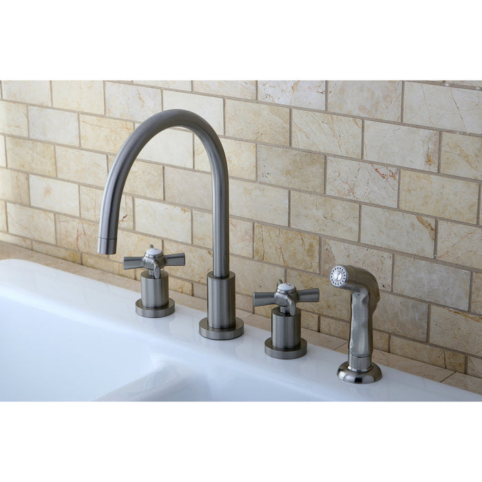 Kingston Tulare KS8728ZX - Millennium Double-Handle 4-Hole Widespread Kitchen Faucet with Plastic Sprayer, Brushed Nickel