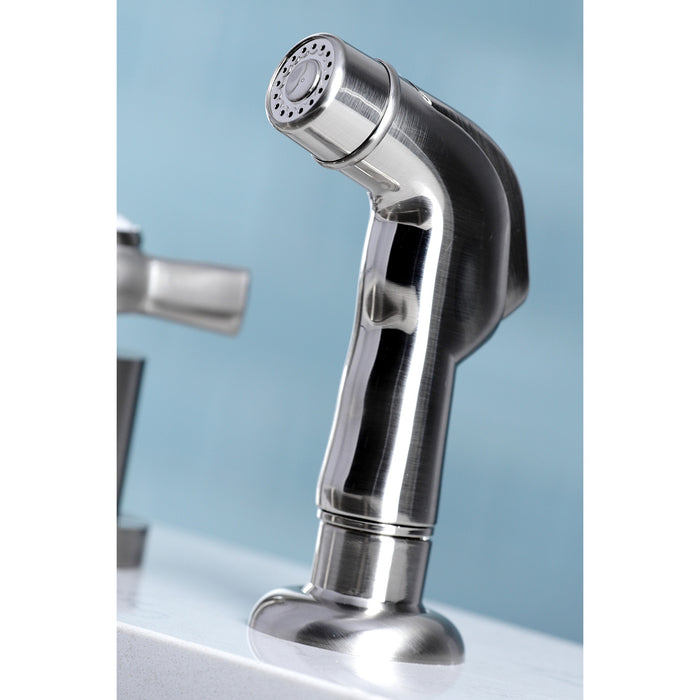 Kingston Tulare KS8728ZX - Millennium Double-Handle 4-Hole Widespread Kitchen Faucet with Plastic Sprayer, Brushed Nickel