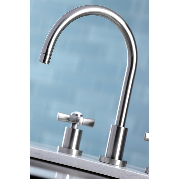 Kingston Tulare KS8728ZX - Millennium Double-Handle 4-Hole Widespread Kitchen Faucet with Plastic Sprayer, Brushed Nickel