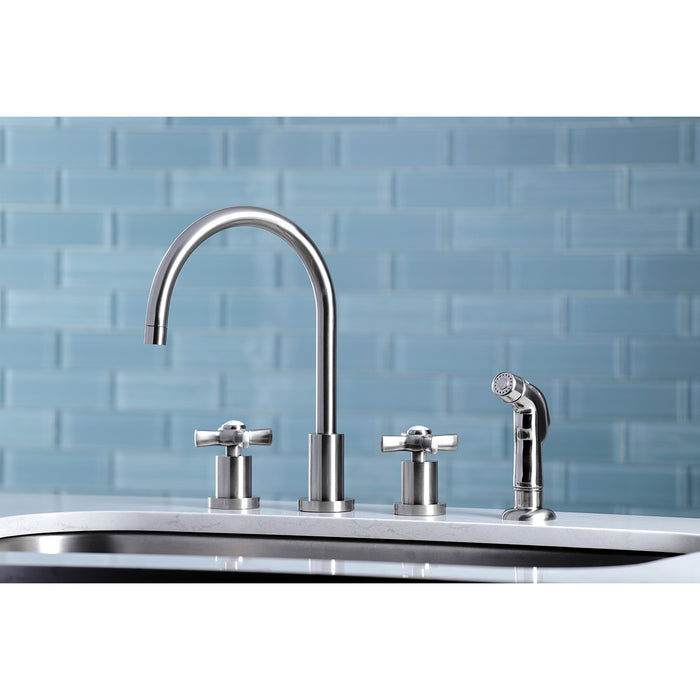 Kingston Tulare KS8728ZX - Millennium Double-Handle 4-Hole Widespread Kitchen Faucet with Plastic Sprayer, Brushed Nickel