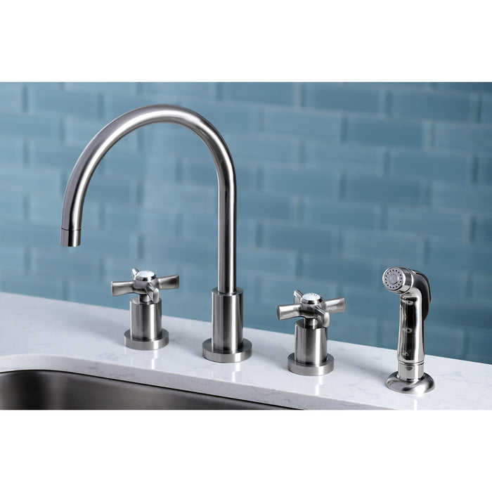 Kingston Tulare KS8728ZX - Millennium Double-Handle 4-Hole Widespread Kitchen Faucet with Plastic Sprayer, Brushed Nickel