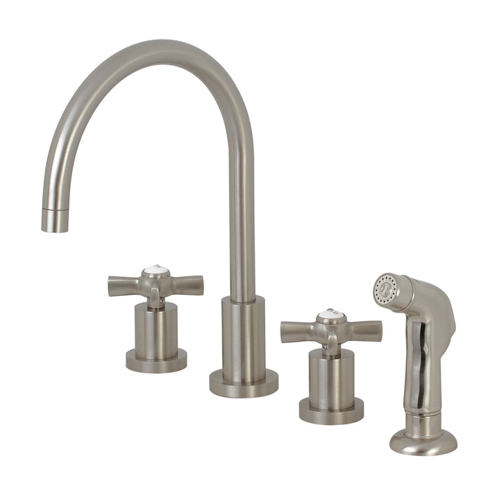 Kingston Tulare KS8728ZX - Millennium Double-Handle 4-Hole Widespread Kitchen Faucet with Plastic Sprayer, Brushed Nickel