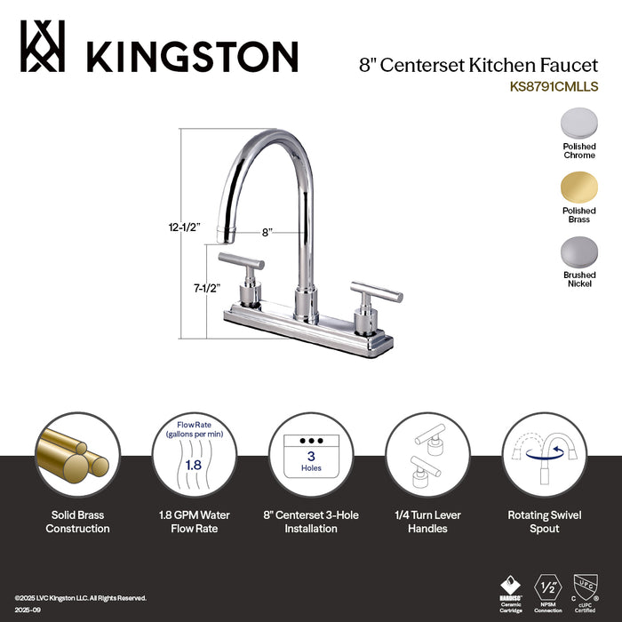 Kingston Sona KS8791CMLLS - Manhattan Two-Handle 3-Hole 8" Centerset Kitchen Faucet, Polished Chrome