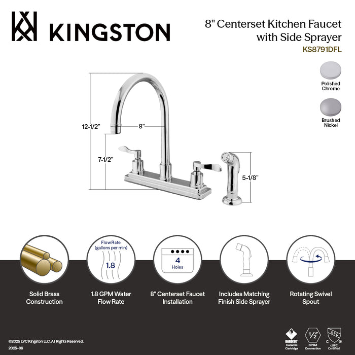 Kingston Tulare KS8791DFLTwo-Handle 4-Hole 8" Centerset Kitchen Faucet with Side Sprayer, Polished Chrome