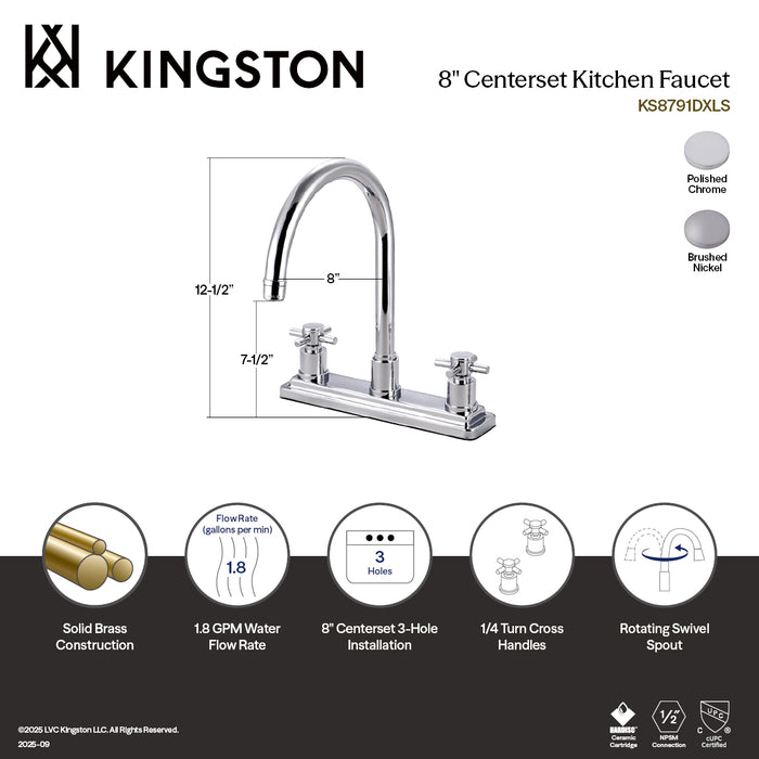 Kingston Sona KS8791DXLS - Concord Two-Handle 3-Hole 8" Centerset Kitchen Faucet, Polished Chrome