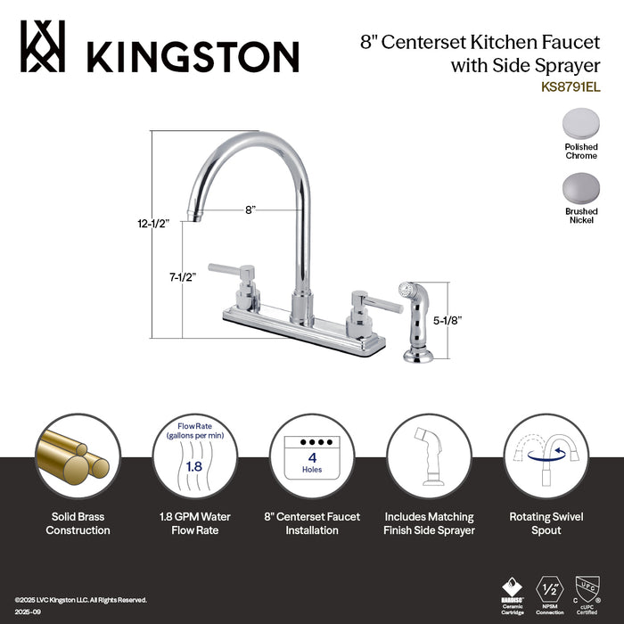 Kingston Tulare KS8791EL - Elinvar Two-Handle 4-Hole 8" Centerset Kitchen Faucet with Side Sprayer, Polished Chrome