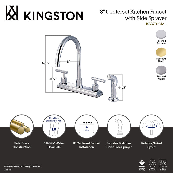 Kingston Sona KS8792CML - Manhattan Two-Handle 4-Hole 8" Centerset Kitchen Faucet with Side Sprayer, Polished Brass