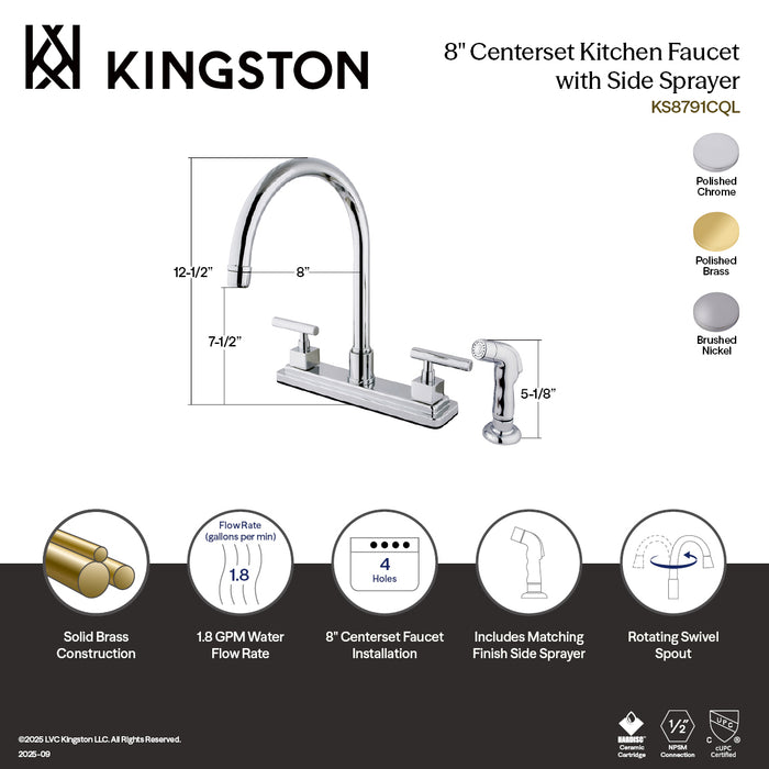 Kingston Sona KS8798CQL - Claremont Two-Handle 4-Hole 8" Centerset Kitchen Faucet with Side Sprayer, Brushed Nickel
