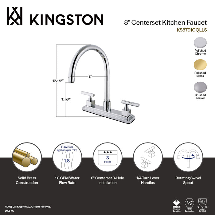 Kingston Sona KS8798CQLLS - Claremont Two-Handle 3-Hole 8" Centerset Kitchen Faucet, Brushed Nickel
