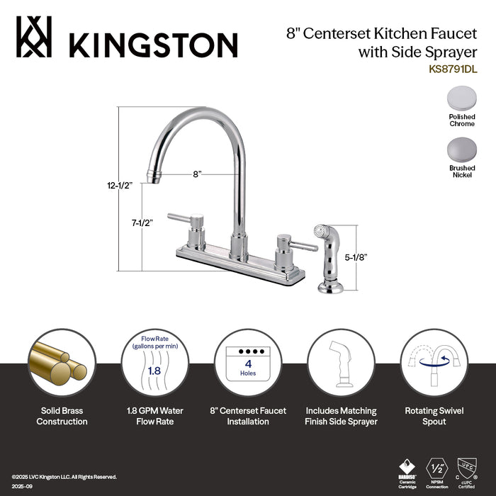 Kingston Sona KS8798DL - Concord Two-Handle 4-Hole 8" Centerset Kitchen Faucet with Side Sprayer, Brushed Nickel