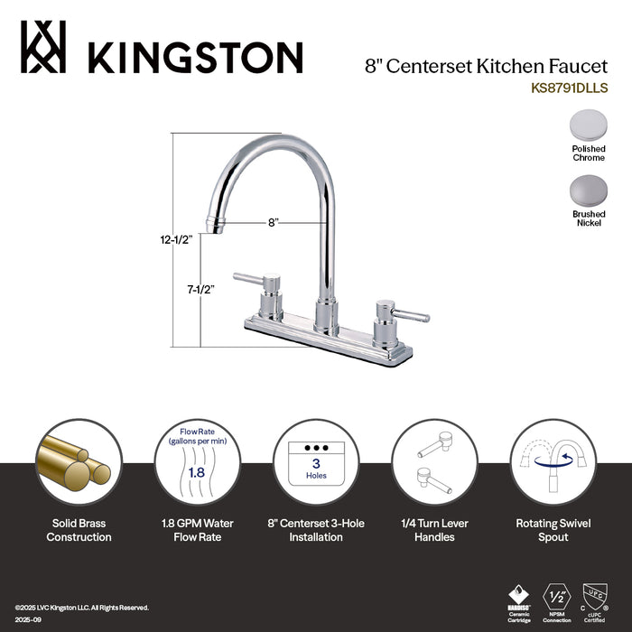 Kingston Sona KS8798DLLS - Concord Two-Handle 3-Hole 8" Centerset Kitchen Faucet, Brushed Nickel