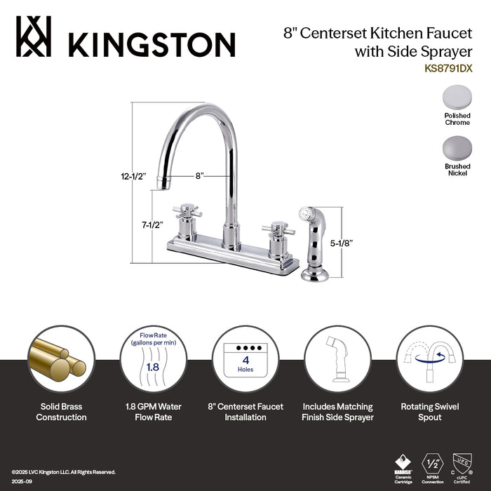 Kingston Sona KS8798DX - Concord Two-Handle 4-Hole 8" Centerset Kitchen Faucet with Side Sprayer, Brushed Nickel