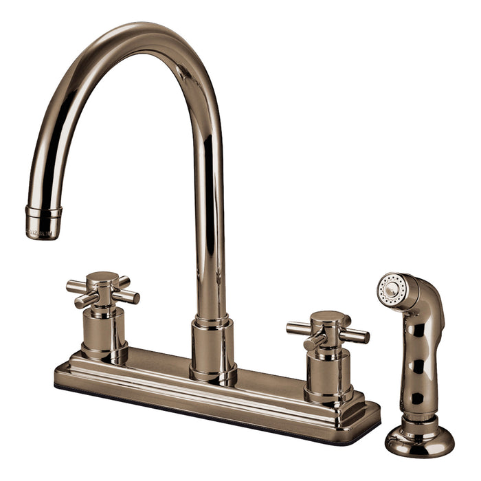 Kingston Sona KS8798DX - Concord Two-Handle 4-Hole 8" Centerset Kitchen Faucet with Side Sprayer, Brushed Nickel