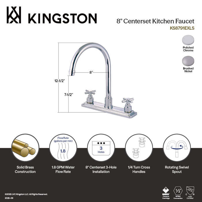 Kingston Tulare KS8798EXLS Two-Handle 3-Hole 8" Centerset Kitchen Faucet, Brushed Nickel