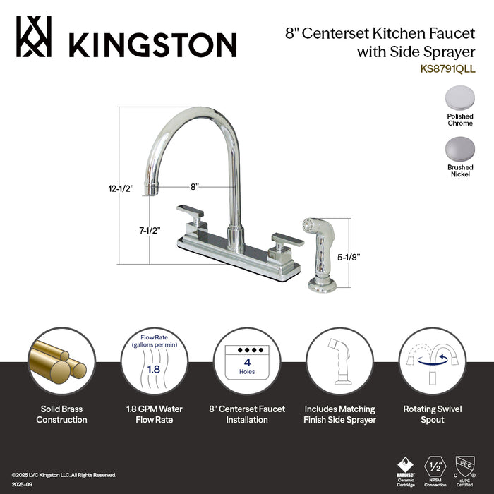 Kingston Sona KS8798QLL - Executive Two-Handle 4-Hole 8" Centerset Kitchen Faucet with Side Sprayer, Brushed Nickel