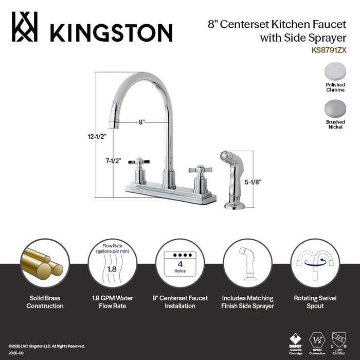 Kingston Tulare KS8798ZX - Millennium Two-Handle 4-Hole 8" Centerset Kitchen Faucet with Side Sprayer, Brushed Nickel