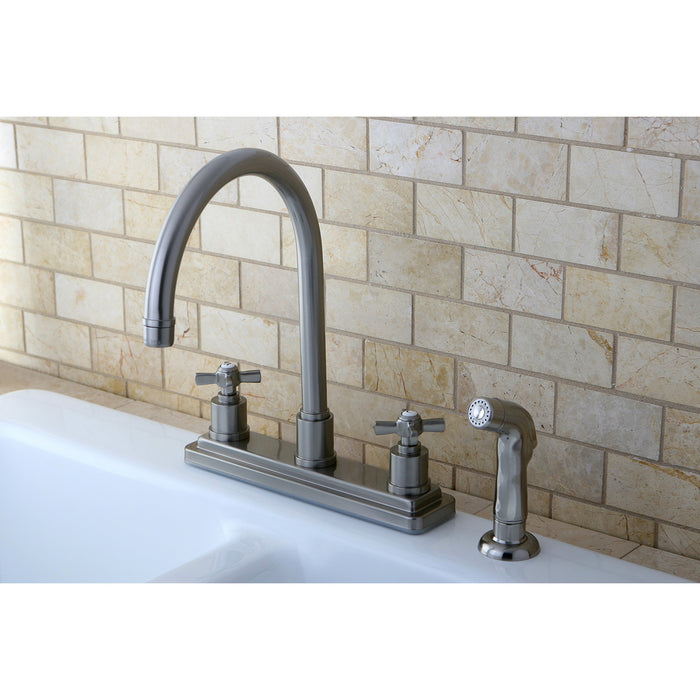 Kingston Tulare KS8798ZX - Millennium Two-Handle 4-Hole 8" Centerset Kitchen Faucet with Side Sprayer, Brushed Nickel