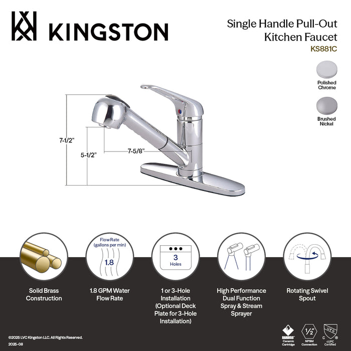 Kingston Tulare KS888SN - Wyndham Single-Handle 1-Hole Deck Mount Pull-Out Sprayer Kitchen Faucet, Brushed Nickel