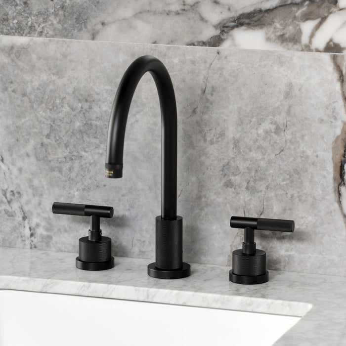 Kingston Sona KS8920KNL - Convergent Two-Handle 3-Hole Deck Mount Widespread Bathroom Faucet with Knurled Handle and Brass Pop-Up, Matte Black